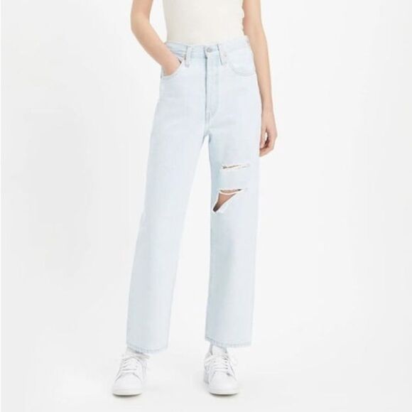 Levi’s Premium Ribcage Straight Ankle Light Wash High Rise Distressed Jeans - Picture 5 of 12